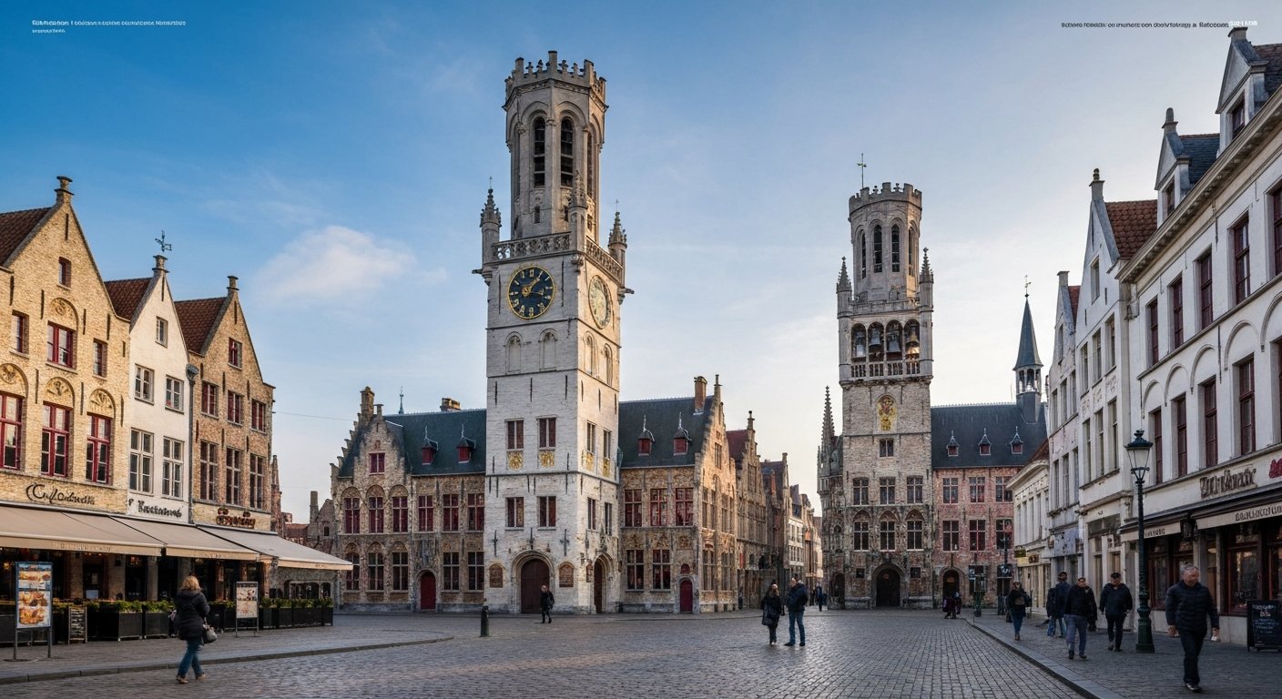 the Belfort tower rising above the Markt in Bruges at early morning, cobbles still empty and the 47-bell carillon tower catching soft light