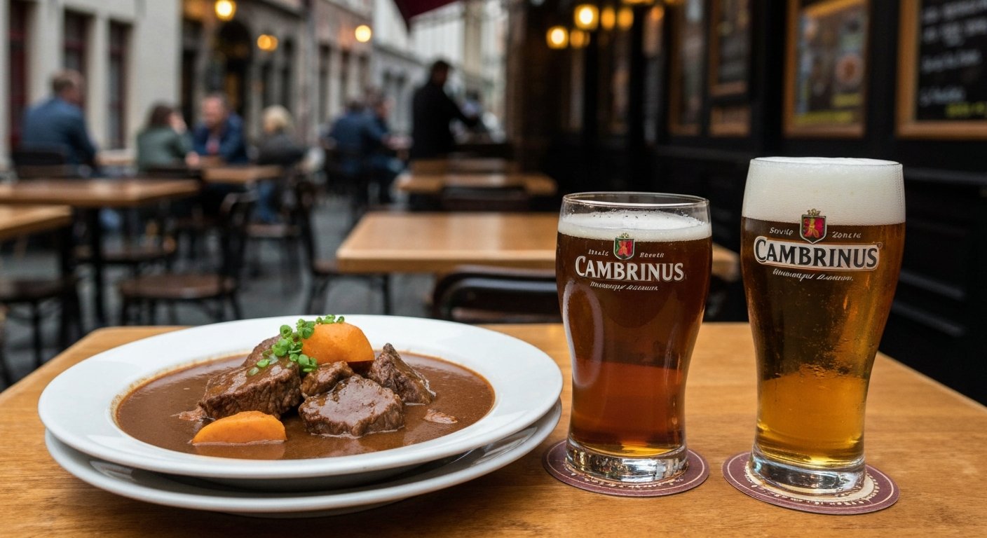 a hearty Flemish beef stew and a branded Belgian beer served at Bierbrasserie Cambrinus on Philipstockstraat, warm pub light and wooden tables