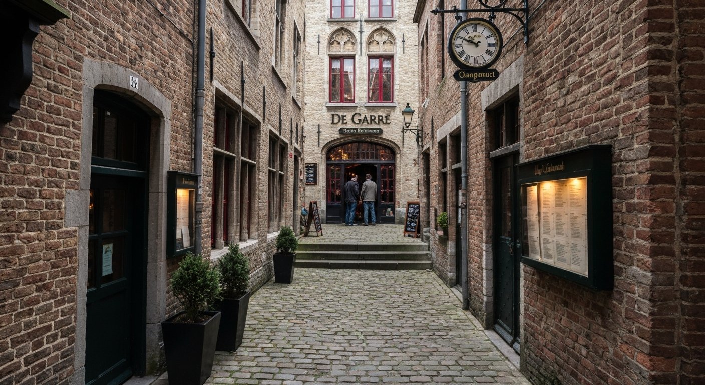the narrow hidden entrance to De Garre off Breidelstraat in Bruges, a cobbled alley leading down to a medieval tavern door