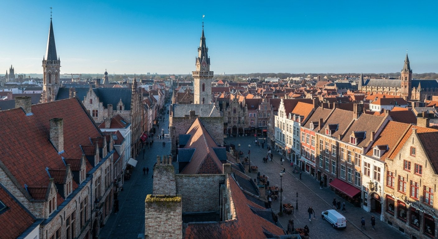 the view from the top of the Belfort over Bruges’ medieval rooftops and the Markt below, seen in clear morning light