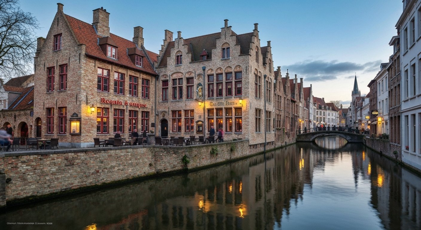 the canal-front façade of Relais Bourgondisch Cruyce near the Markt at dusk, half-timbered gables reflected in still water