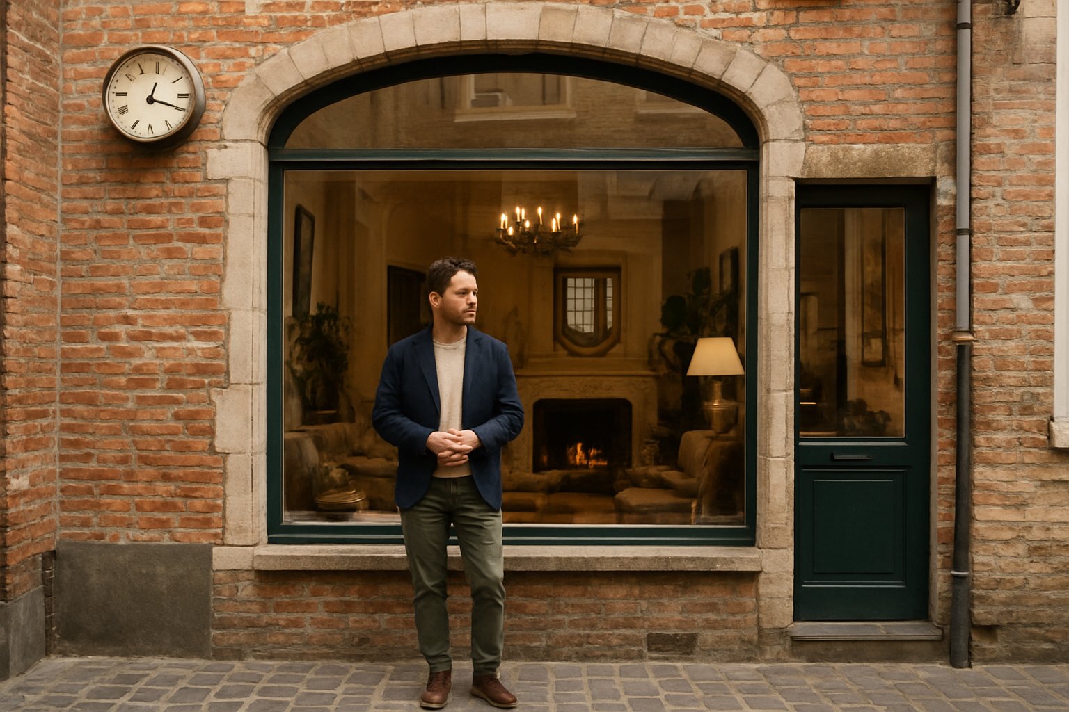Frederiek Van Pamel in a converted 18th-century townhouse on Ezelstraat 33, with conservatory light, fireplaces and interior objects visible through the shopfront