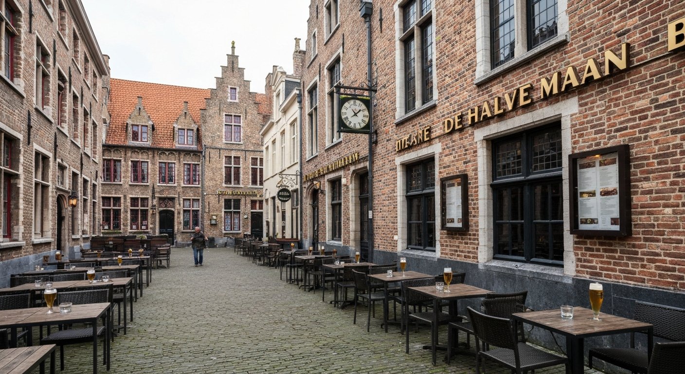 De Halve Maan brewery courtyard on Walplein, with beer glasses on tables and the warm brick brasserie frontage in daylight