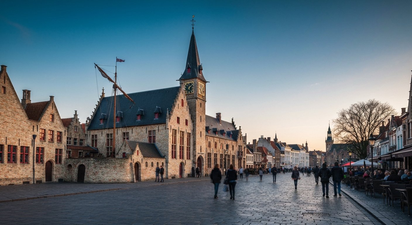 the Sint-Janshuismolen on the Kruisvest ramparts in Bruges, sails against a wide sky above the old city wall at late afternoon
